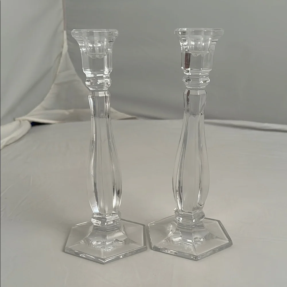 Tiffany and Co Richmond clear crystal etched logo hexagon base candle sticks